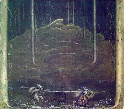 Als der Abend kam, schlichen Trollmutter und der Junge aus dem Berg. Sie trugen den Kessel der Trolle zwischen sich auf einem Stock von John Bauer